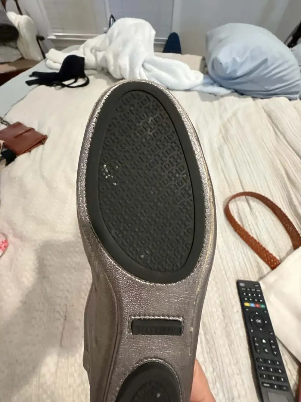 Tory Burch Reva Metallic Silver Leather Ballet Flats